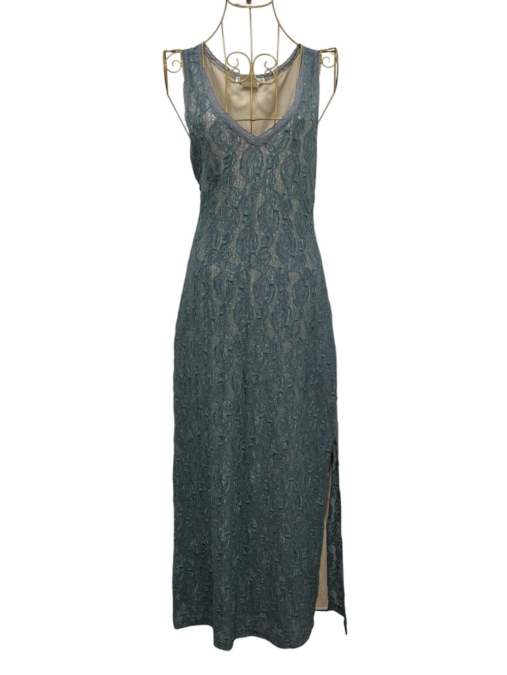JONATHAN MARTIN Vintage 90s Dust Blue Lace V Neck Maxi Dress Size M/7